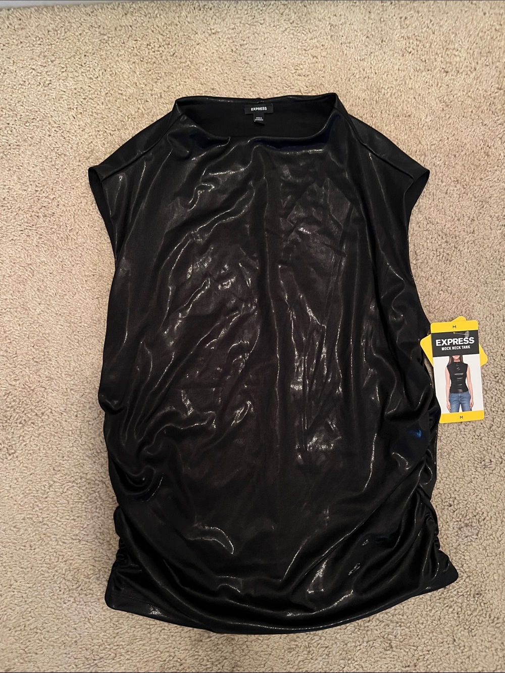 Express Black Shimmery Cap Sleeve Mock Neck Tank